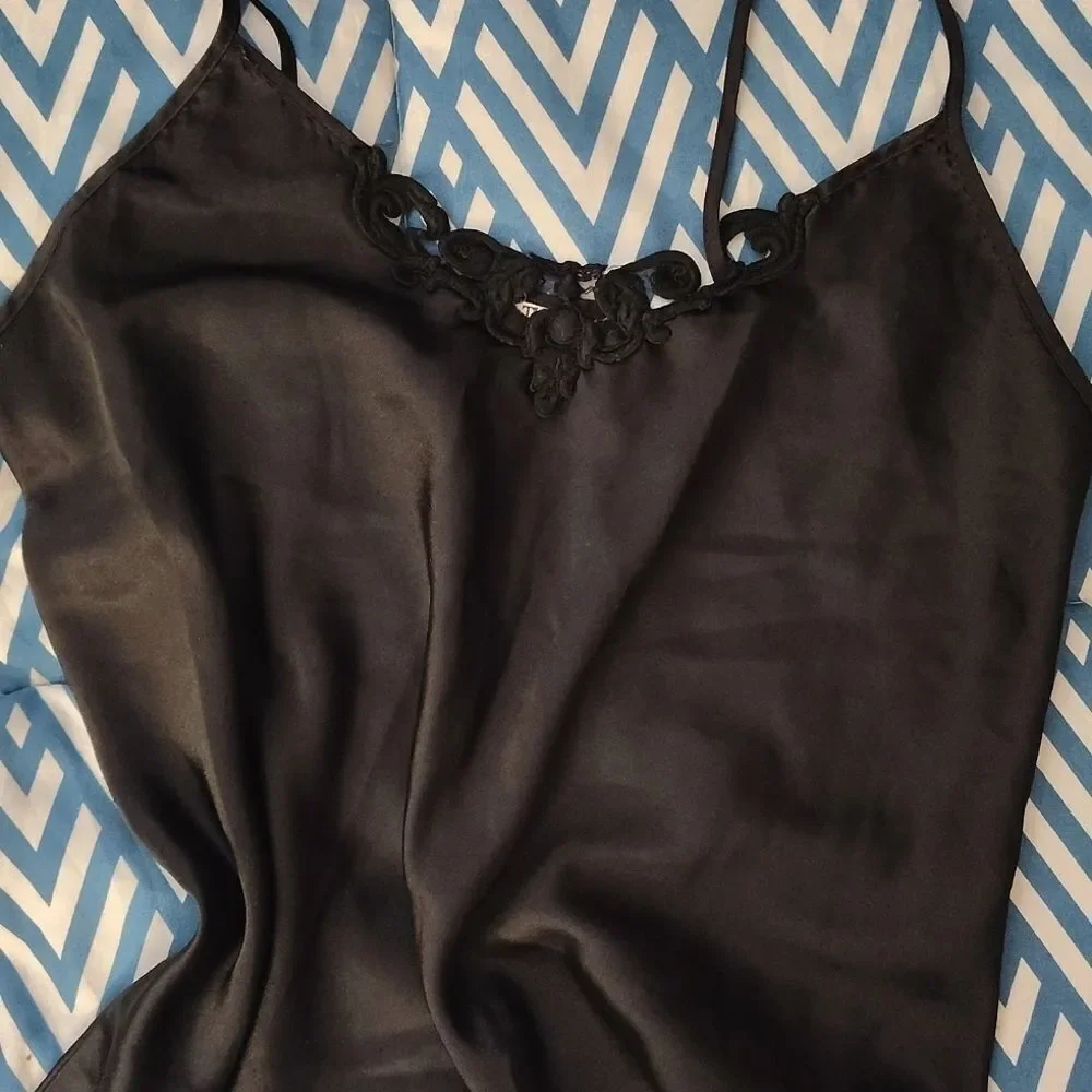 VTG 80s Black Satin Floral Crochet Mini Intimates Slip Dress Size Large - Picture 2 of 12